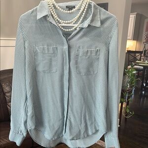 Ann Taylor Women's dusty blue and white dainty checkered top